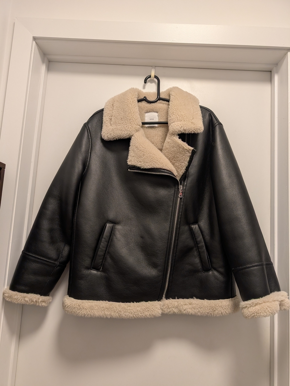 Mango Black Faux Leather Shearling Jacket with Cream Trim